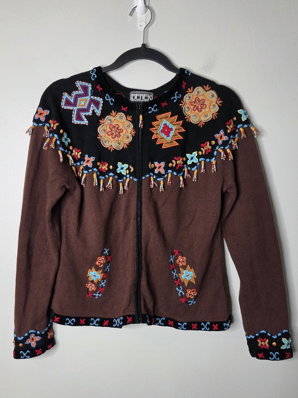 Berek Brown Embroidered Zip-Front Sweater - Brown with Multicolor Embroidery
